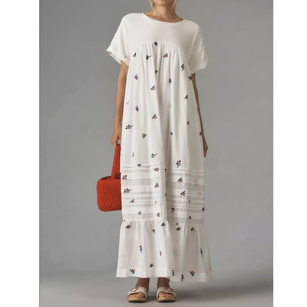 Pilcro Embroidered Floral Maxi Dress XS White Boho Romantic Coastal Cottagecore